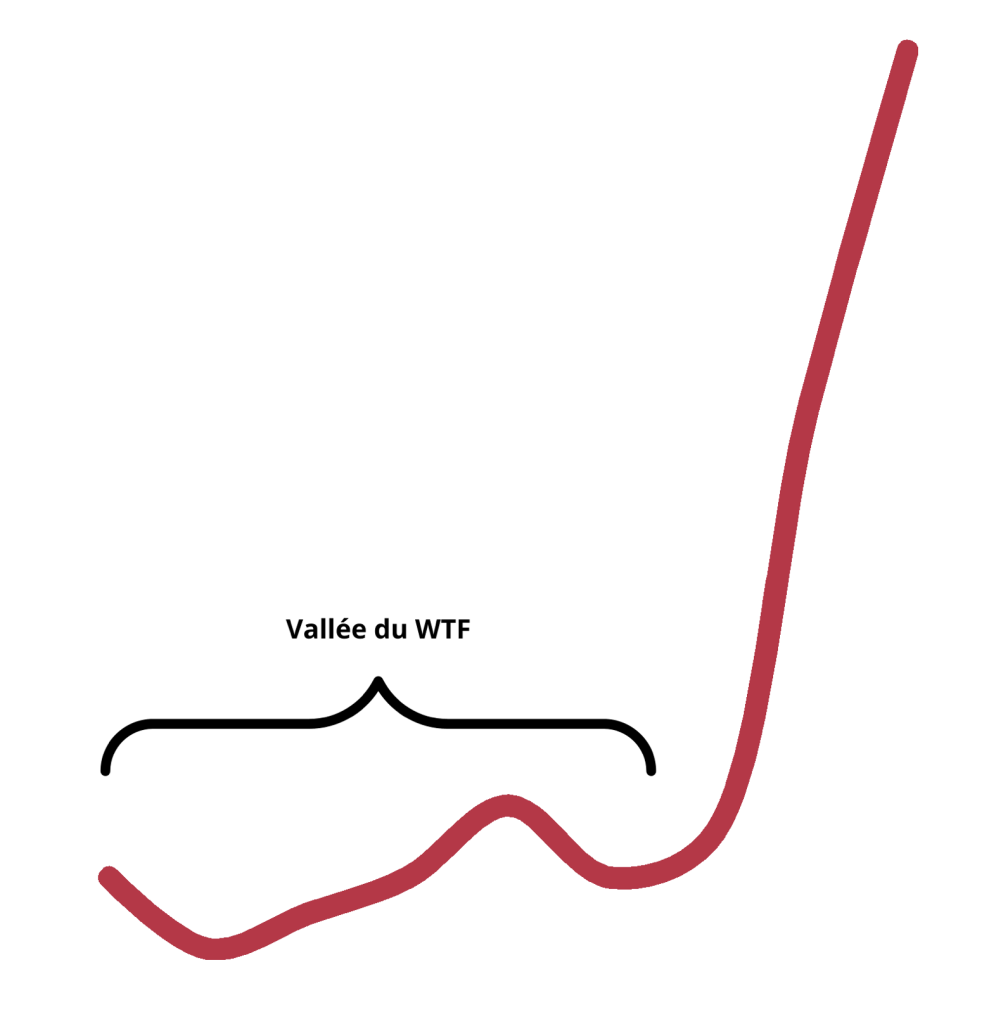 Graphique linéaire avec une ligne rouge montrant une tendance des ventes pour une formation en ligne en 2023. La ligne commence en bas à gauche, monte légèrement, forme une petite vallée au milieu, étiquetée 'Vallée du WTF', et puis s'élève abruptement vers le haut à droite.